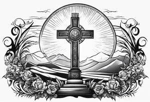 Tomb with cross and sun in the background tattoo idea