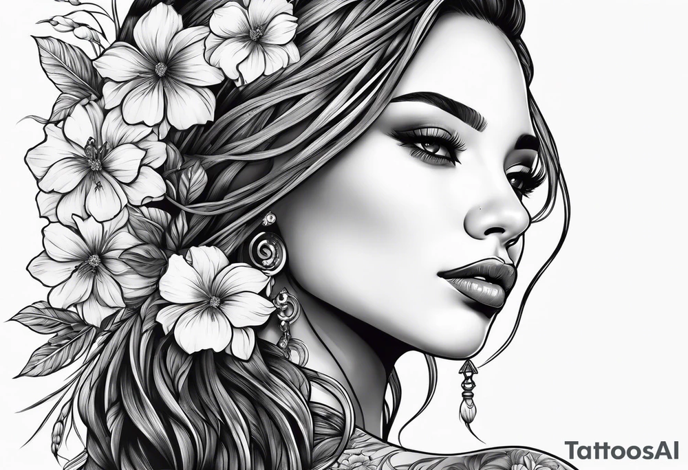 Woman with long locs side profile and flowers tattoo idea