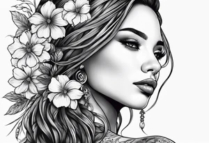 Woman with long locs side profile and flowers tattoo idea