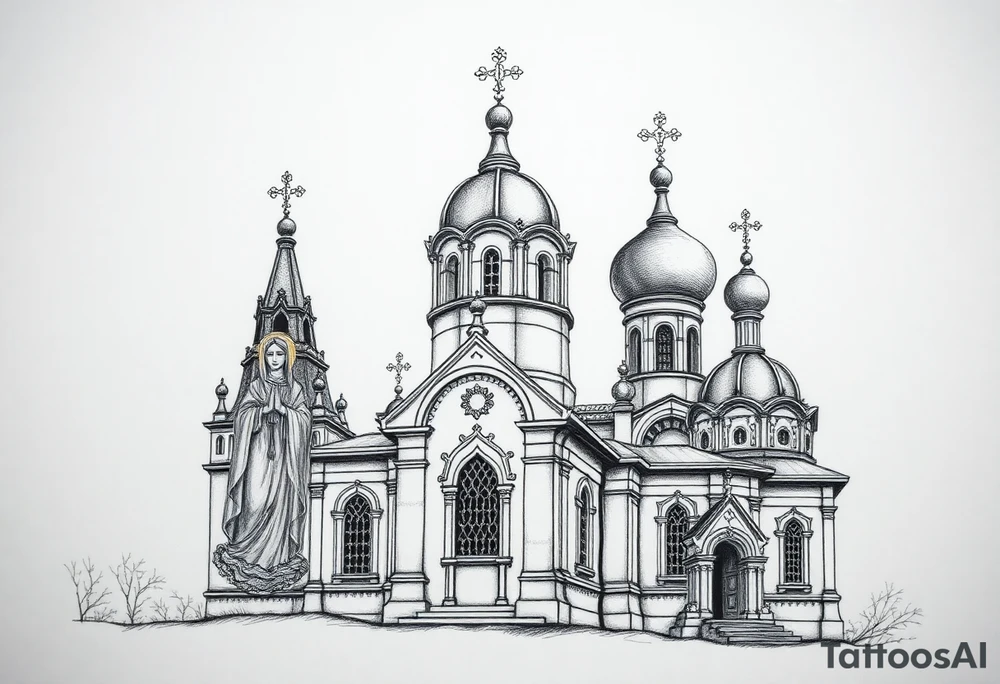 Russian orthodox church with bulb domes with a prominent russian orthodox style virgin mary stood outside to the left russian themed tattoo idea