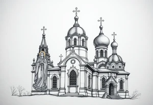 Russian orthodox church with bulb domes with a prominent russian orthodox style virgin mary stood outside to the left russian themed tattoo idea