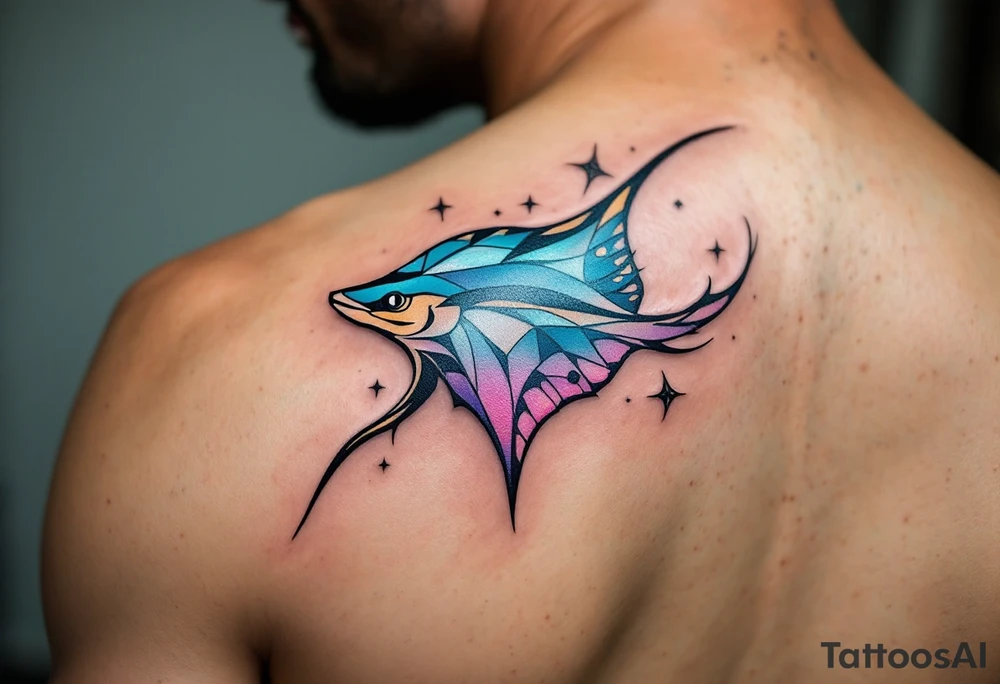 A graceful ray fish glides through deep turquoise waters, its diamond-shaped body shimmering in gradients of silvery blue and soft lavender, with delicate dark spots trailing along its gently undulating wings. tattoo idea