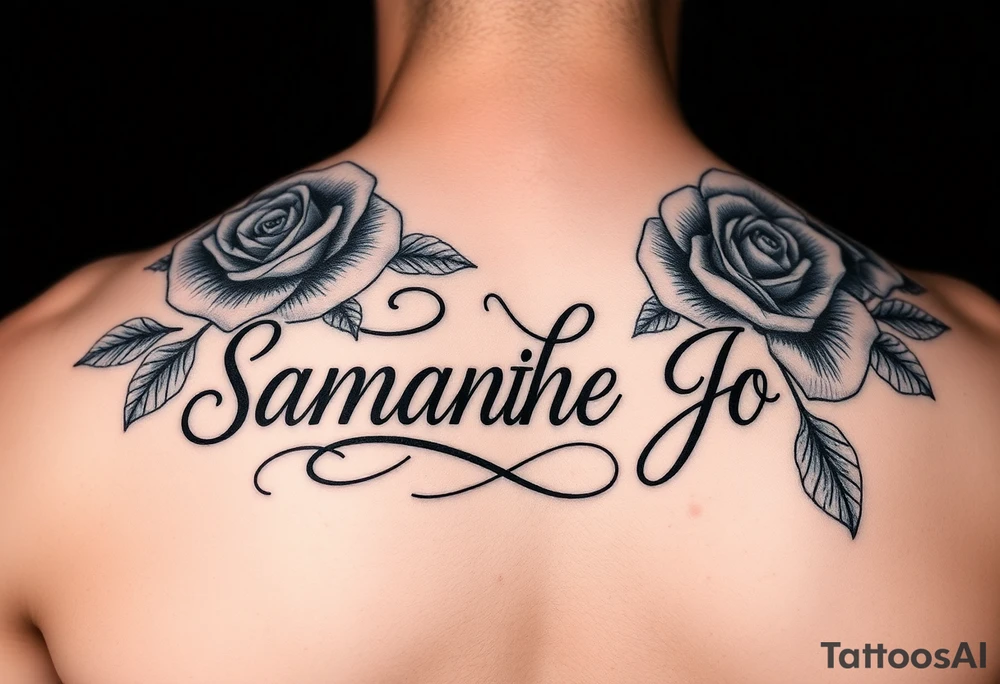 Name Samantha Jo with roses behind tattoo idea