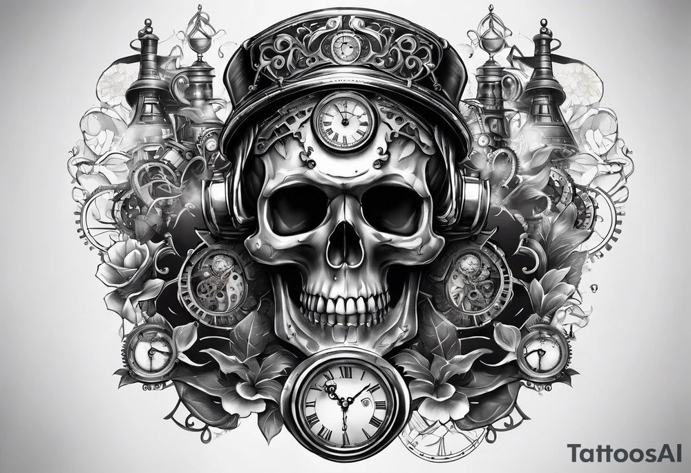 Steampunk skull, with clock and hour glass tattoo idea