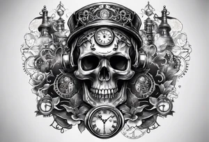 Steampunk skull, with clock and hour glass tattoo idea