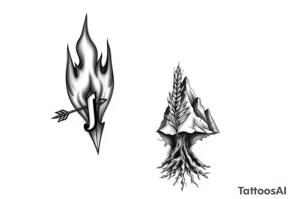 Your tattoo: A roaring flame with a graffiti-style arrow (representing the Sagittarian archer) piercing through it. The arrow's fletching can subtly integrate your initial 'J' in a fluid script. The flame can be rendered in black and grey for a hardcore look, with just a hint of red or orange smoldering in the embers.
His tattoo: The cracked earth or a mountain range with roots, rendered in a bold, blackwork style. A detailed, minimalist ear of wheat (Virgo's symbol) grows from the cracks, and the root system below can be shaped to form his initial 'T.'
Connection: When you stand side-by-side, the flame and cracked earth meet, symbolizing the intensity and stability of your bond. The date "7.27.25" can be tattooed in a small, hidden numerical code, perhaps disguised within the arrow's grip or the mountain's cracks. tattoo idea