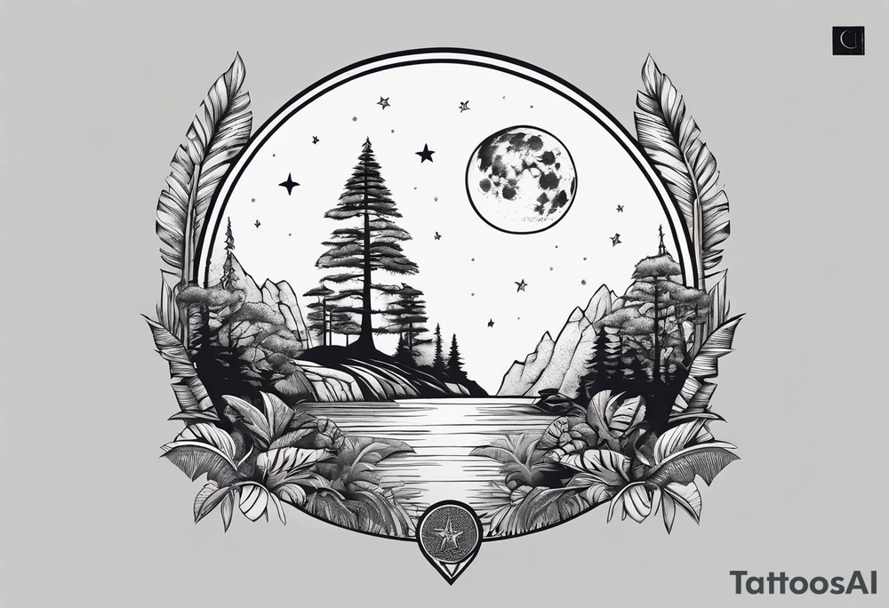 simple jungle, rocket, moon tattoo idea