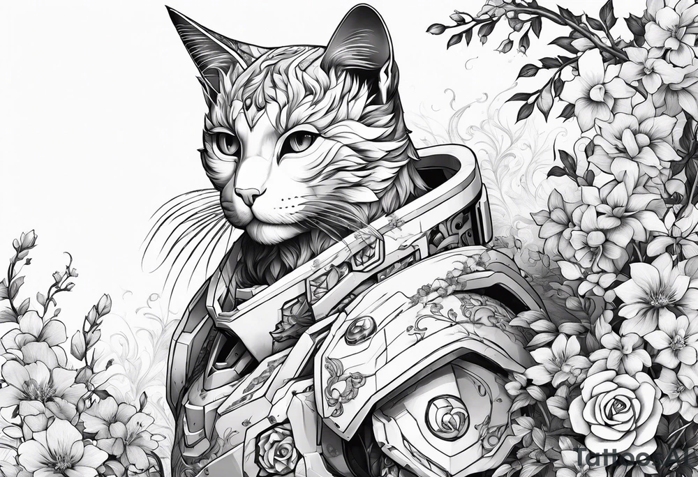 gundam cat covered in flowery vines, forearm tattoo tattoo idea