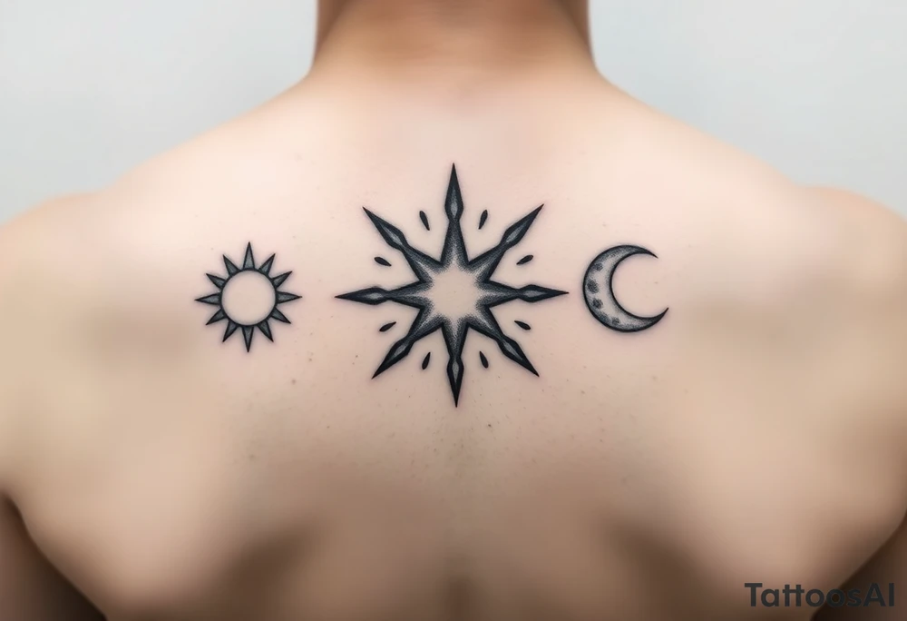 Cute sun, star and moon with three images and each one can be filled in black by three sisters tattoo idea