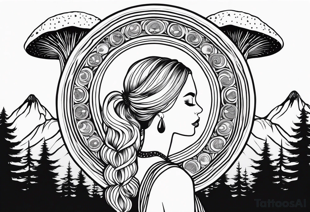 Straight blonde hair girl facing away toward mountains surrounded by mushrooms crescent moon mandala circular design black and white striped dress "8" braided into hair tattoo idea