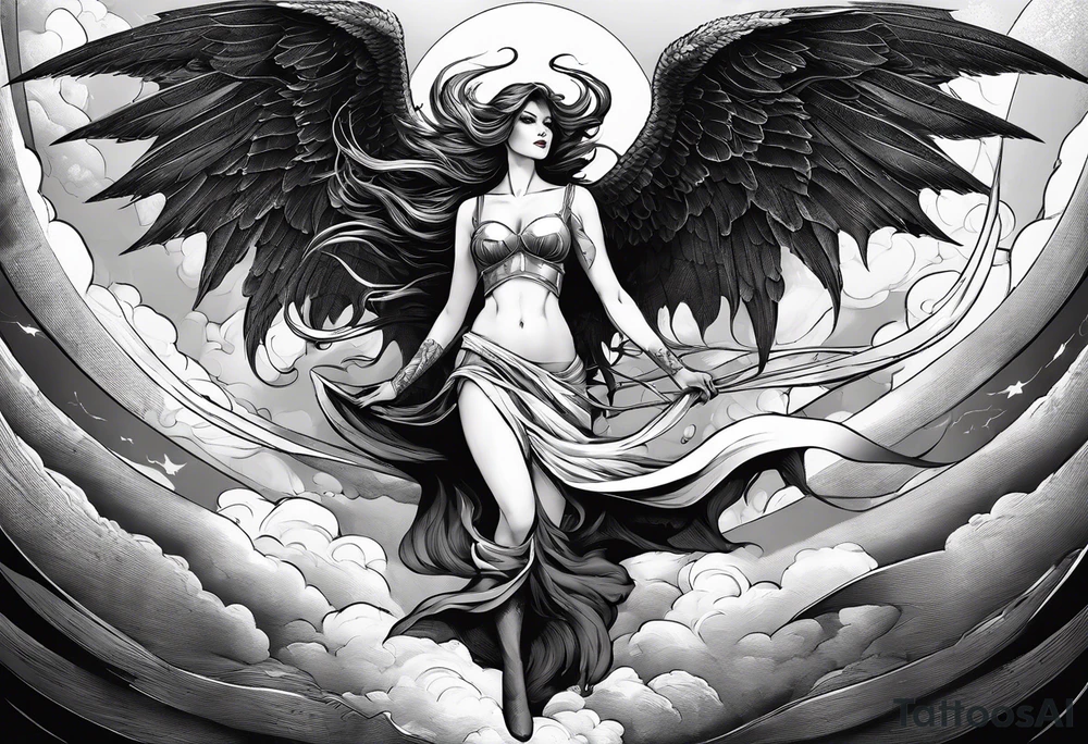 angel woman and devil woman fighting, arguing on the sky , big wings and full body, angel at the right side and have normal wing but devil woman at the left side and with bat wing tattoo idea