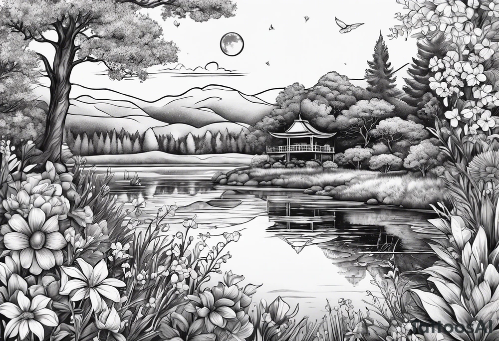 Secret, hidden garden, flowers, lake, daylight moon, more flowers love tattoo idea