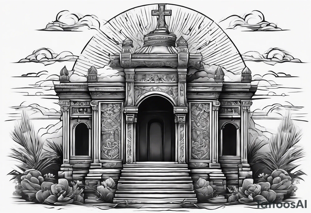 Tomb with cross and sun in the background tattoo idea