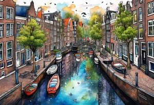 Animals and wildlife under canal in Amsterdam with Amsterdam houses filled with animals and wildlife in space featuring galaxy colours tattoo idea