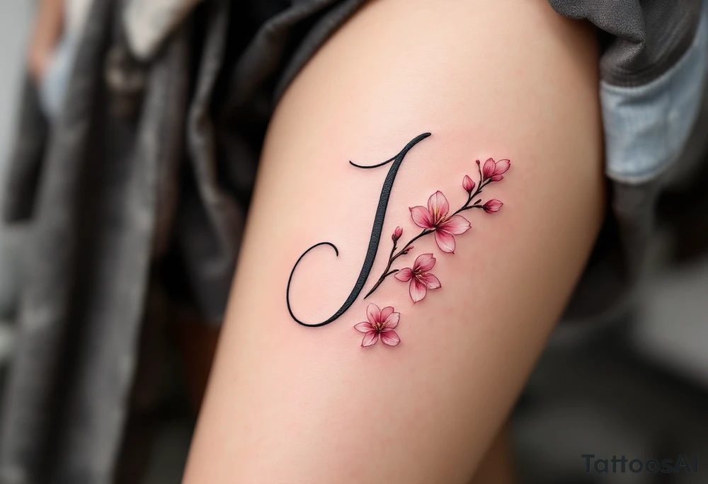 Classic script "J" in fine-line black ink, paired with a delicate pink cherry blossom. tattoo idea