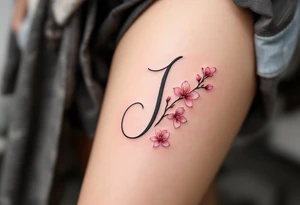Classic script "J" in fine-line black ink, paired with a delicate pink cherry blossom. tattoo idea