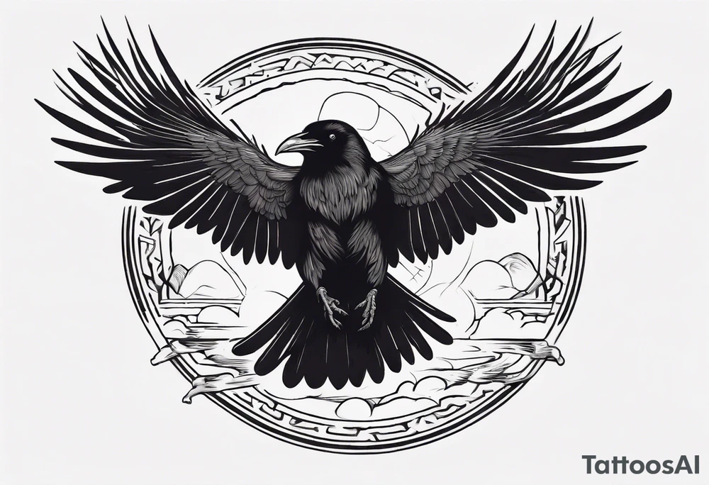 Cunning Raven flying towards Sun. tattoo idea