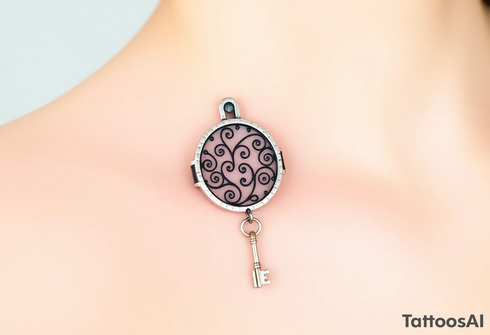 An open silver lock with swirling floral engravings, with a matching silver key hanging from a delicate chain tattoo idea