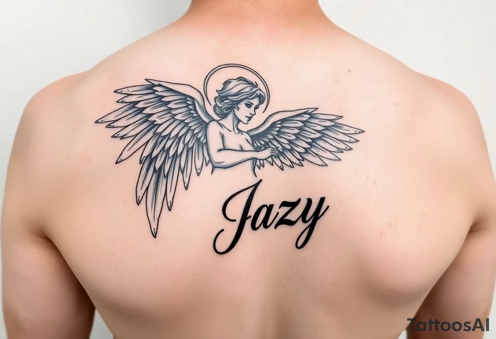 upper arm tattoo - Remembrance angel of a deceased best friend with the name Jazy incorporated tattoo idea