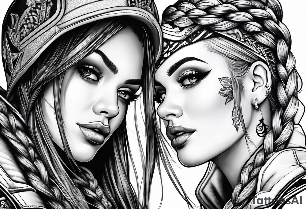 Bikergirl with dutch braids tattoo idea
