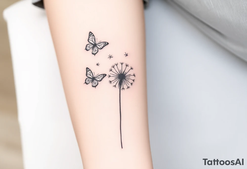 a dandelion and two (2) minimalistic butterflies flying around it tattoo idea