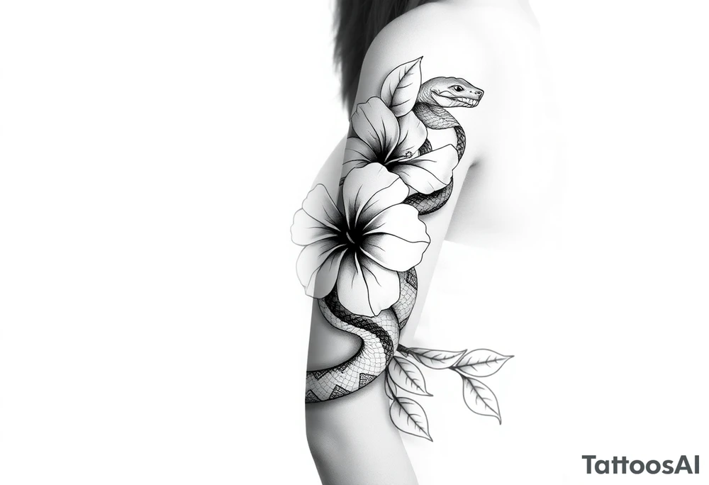 Snake with hibiscus flower tattoo idea