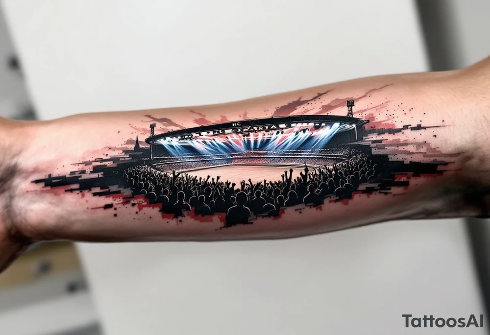 A forearm piece showing the HC Sparta arena lit in blue and red lights, with roaring crowd silhouettes. tattoo idea