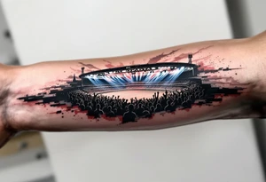 A forearm piece showing the HC Sparta arena lit in blue and red lights, with roaring crowd silhouettes. tattoo idea