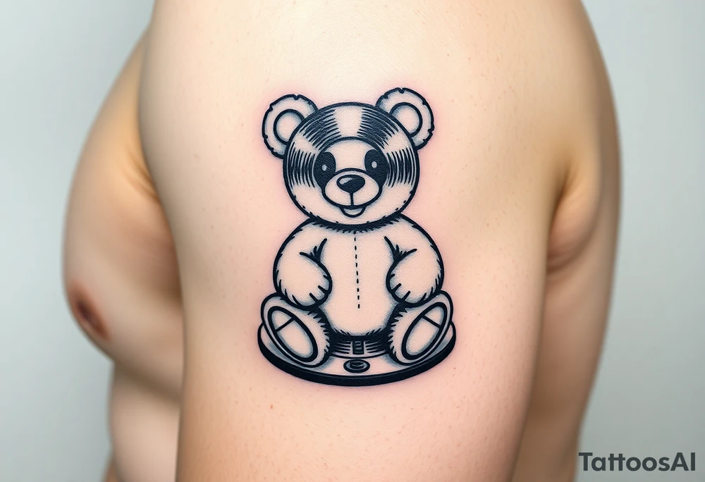 minimalist teddy bear with vinyl records as eyes smiling and sitting on a record tattoo idea