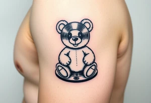 minimalist teddy bear with vinyl records as eyes smiling and sitting on a record tattoo idea