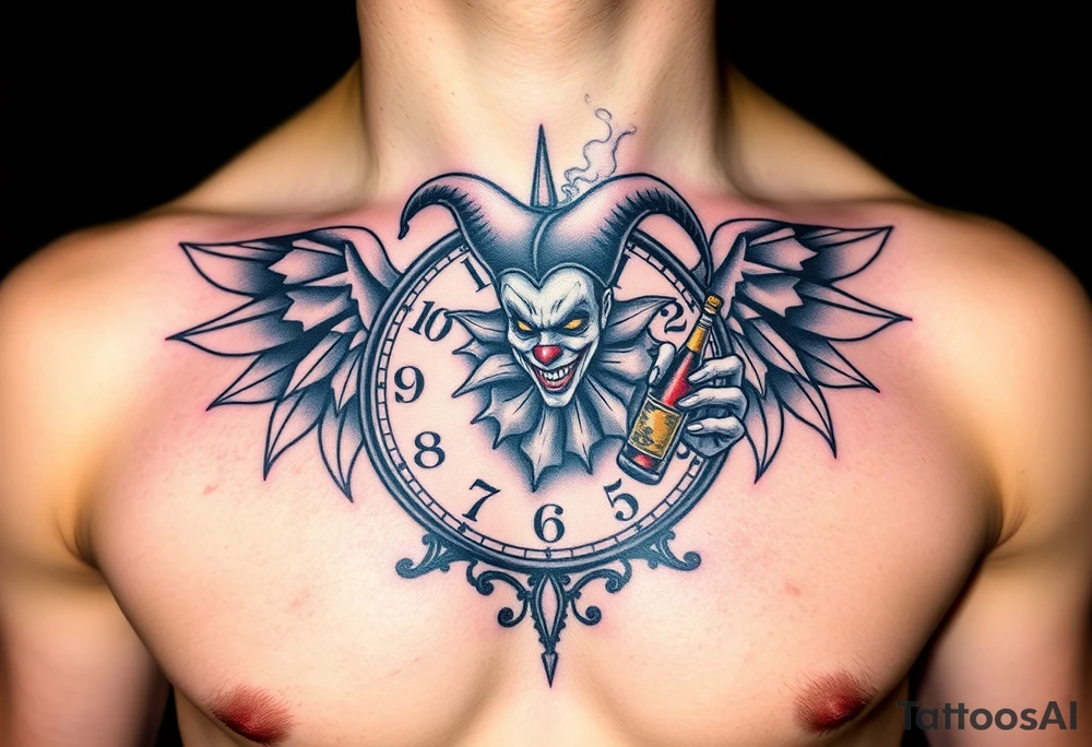 a evil jester clown floating in smoke with a  clock, the time says 420,  with two open wings besides the clock, smoke as the spring rising from the clock, a jester clown coming out the smoke, smoking in one hand with a liquor bottle on the other hand tattoo idea