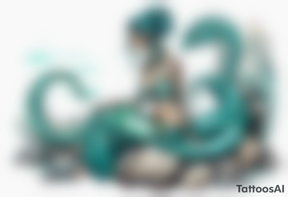 A sea serpent woman hybrid covered in turquois scales sitting on rocks by the ocean tattoo idea