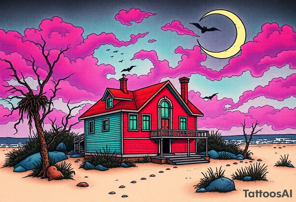 Tim Burton’s haunted pastel beach home is abandoned and dripping with muted reds, dusty pinks, and eerie green glow.purple and cyan smokey clouds swirl in the crescent moonlit sky thats sprinkled with stars tattoo idea tattoo idea