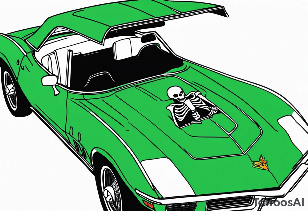 Skeleton smoking a cigarette driving a green 1976 convertible Corvette tattoo idea