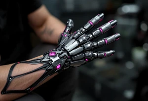 A cleanly layered mechanical palm in polished titanium with holographic light accents in magenta. tattoo idea