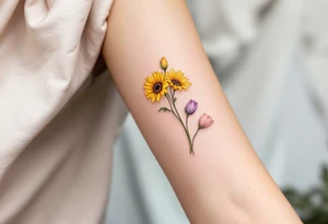 Small yellow sunflowers with two simple stargazer Lilly in pale pink and pale purple tulip buds in a dainty wildflower bouquet with light green stems. Low detail. Include feminine stem lines. tattoo idea