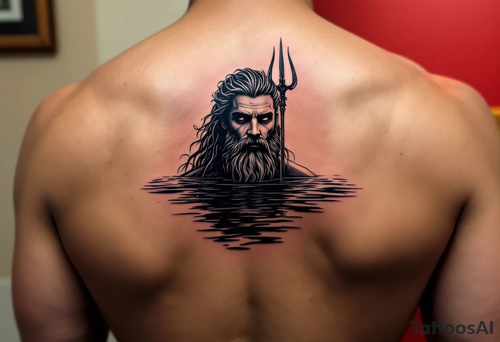 Poseidon half way under calm water with trident at sunset tattoo idea