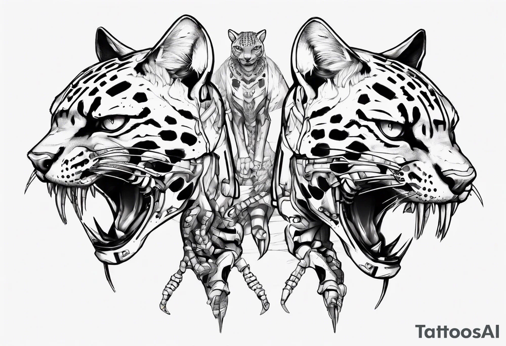 cybernetic ocelot full body teeth showing tattoo idea