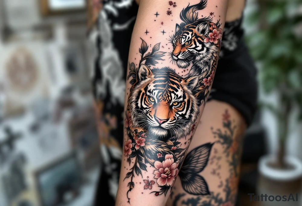 Full arm sleeve, one koi fish, one tiger, the sun, cherry blossom filler, beautiful tattoo idea