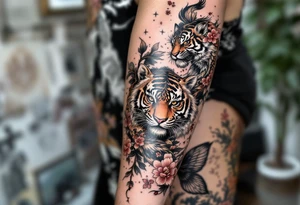 Full arm sleeve, one koi fish, one tiger, the sun, cherry blossom filler, beautiful tattoo idea