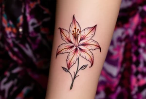 Lilie flower with name and date "Kristýna – 5.4.2014 v 12:00" elegantly curved around its stem in rose gold ink. tattoo idea