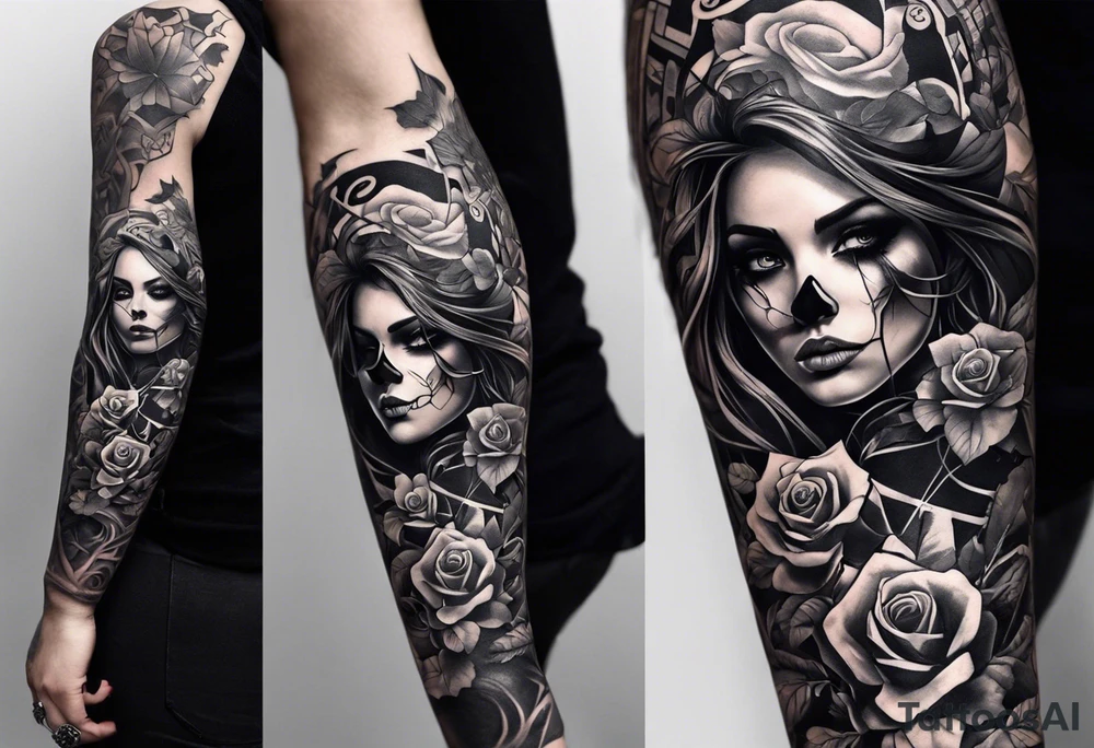A sleeve tattoo whose elements seem to be connected into one story. Elements on the tattoo: a skull with a rose sticking out of the eye, plants, a girl’s face turning into roots, a destroyed old chain, a broken sword, a butterfly and you can add some connecting elements tattoo idea