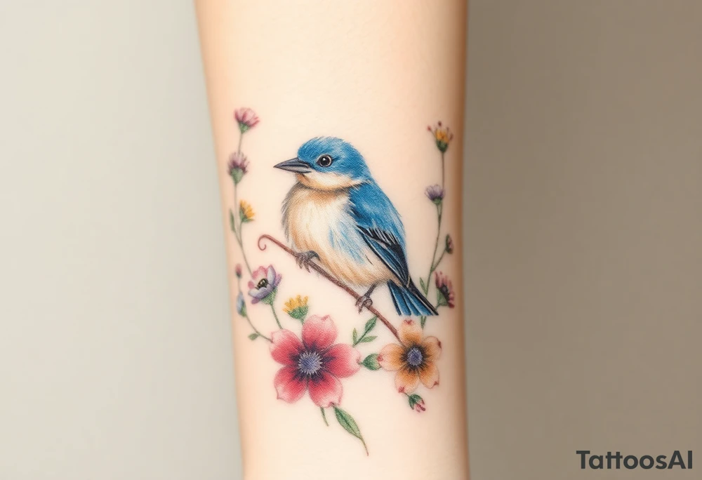 Puffy bluebird surrounded by wild flowers tattoo idea