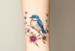 Puffy bluebird surrounded by wild flowers tattoo idea