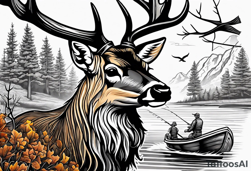 Deer, fishing, morel mushroom, crossbow, rifle & out door scenery tattoo idea