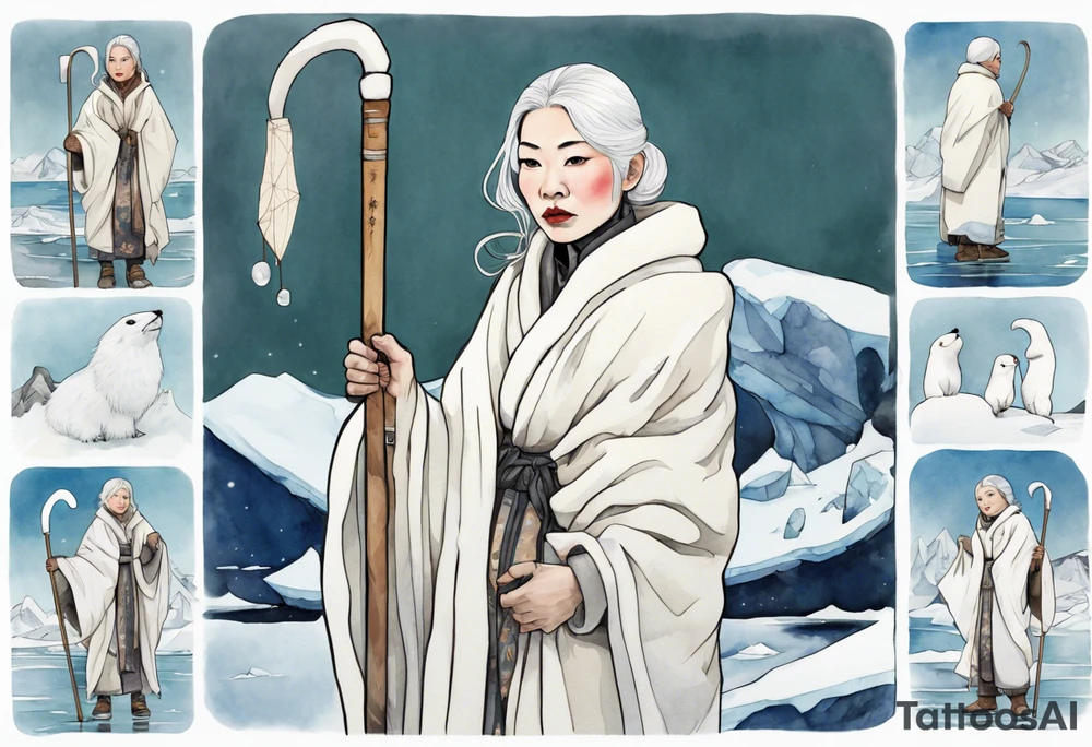 a 40 year old Inuit woman with white hair and a white robe and white mittens holding a plain white staff, standing on an iceberg tattoo idea