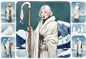 a 40 year old Inuit woman with white hair and a white robe and white mittens holding a plain white staff, standing on an iceberg tattoo idea