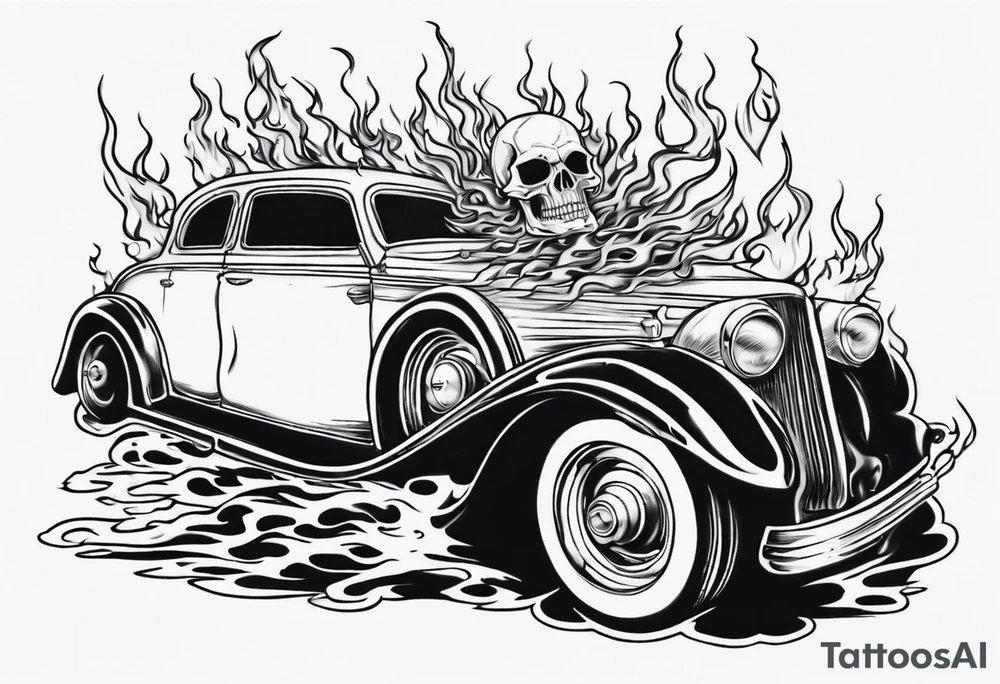 An old vintage car with flames coming out of the hood and a skeleton head at the top of the flames tattoo idea