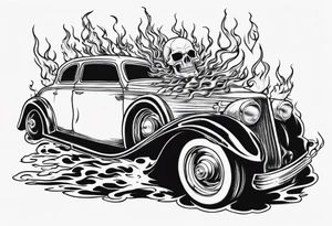 An old vintage car with flames coming out of the hood and a skeleton head at the top of the flames tattoo idea