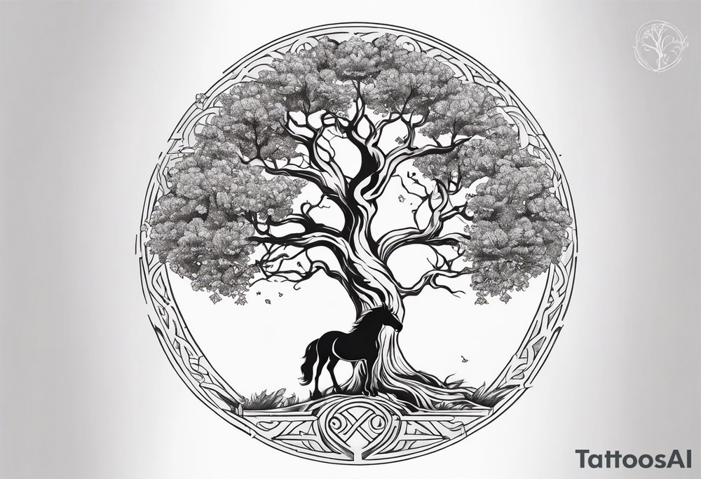 Realistic Horse and Yggdrasil tree tattoo idea